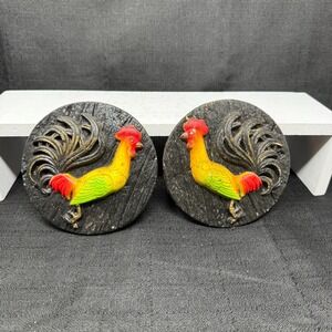 VTG Chalkware Roosters 1977 Miller Studio Kitchen Wall Plaques Black 6"
